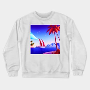 A Yacht With Red Sails Arriving At A Tropical Island With Reddish Looking Trees In The Foreground. Crewneck Sweatshirt